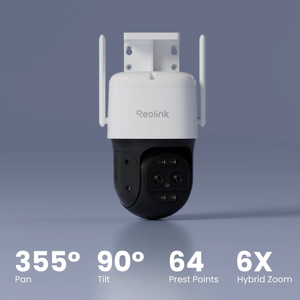 A Reolink LTE security camera shown against a blue-gray gradient background, with feature text below reading 355° Pan, 90° Tilt, 64 Prest Points, and 6X Hybrid Zoom.