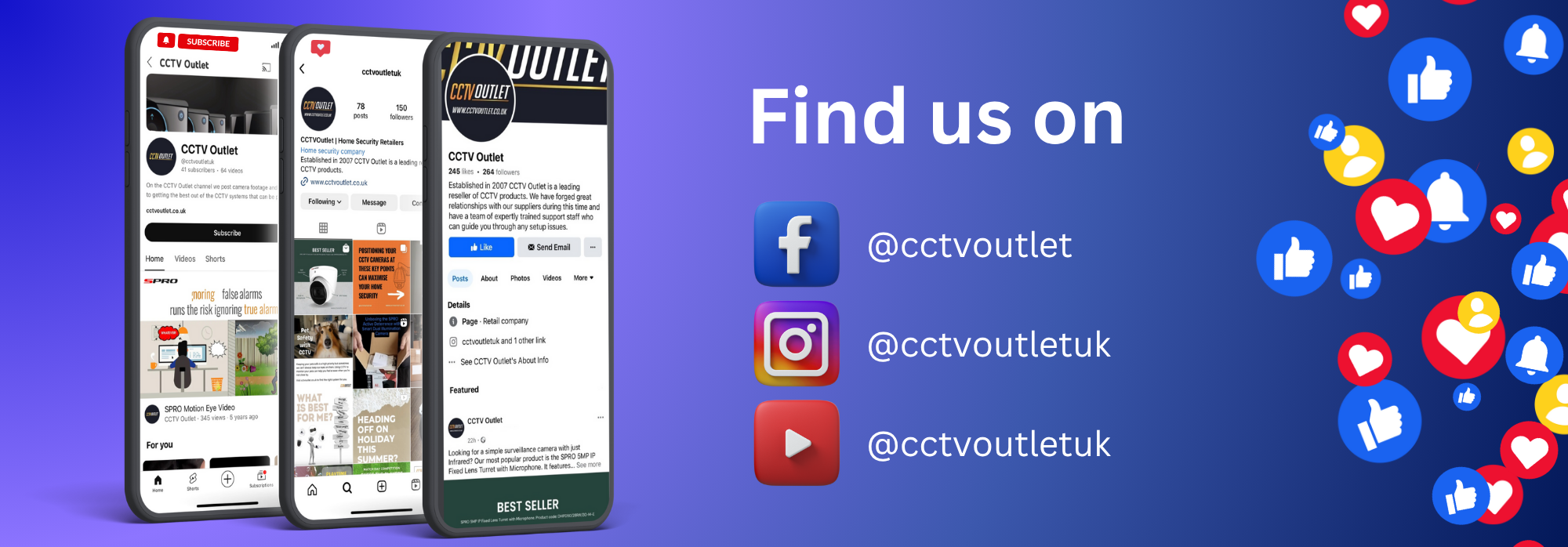 Three smartphones displaying different social media platforms with text 'Find us on' and social media icons.