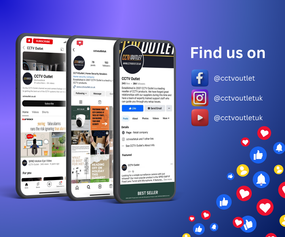 Three smartphone screens displaying CCTV Outlet app interfaces with social media icons and text on a blue background.