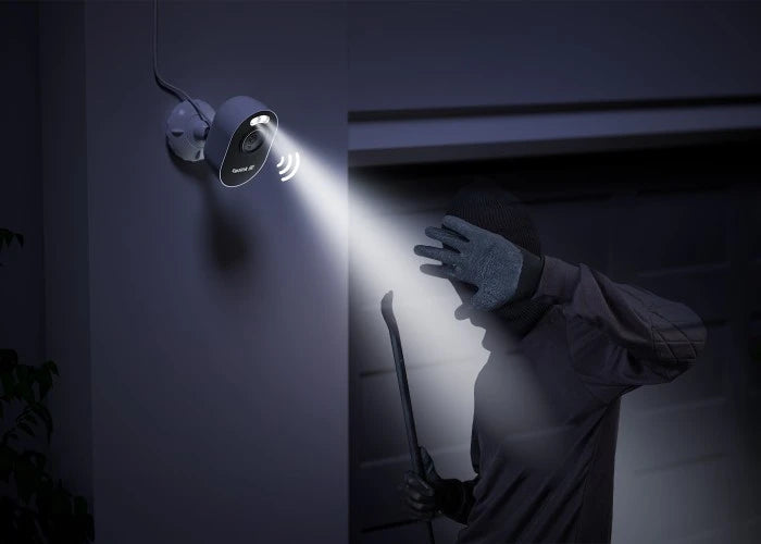 Reolink Lumus Pro Security camera with light shining on a person with a crow bar in the dark