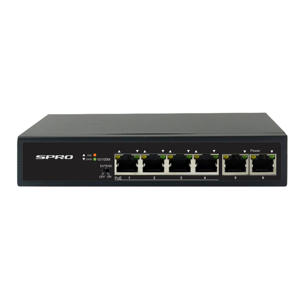 SPRO 4-Port POE Switch with two uplink port, compact black casing, and LED status indicators for each port, designed for efficient networking in small setups