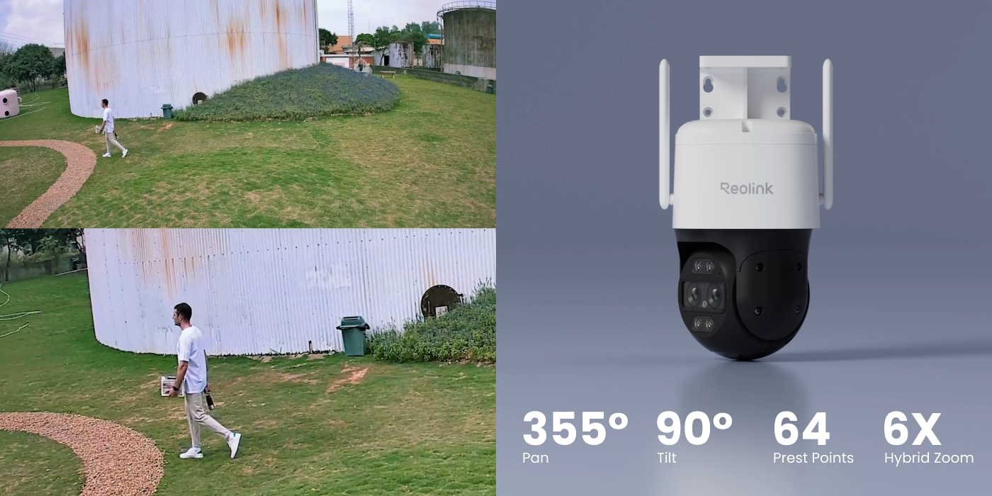 Reolink TrackMix WiFi
4K PTZ Wi-Fi 6 Dual-Lens Security Camera dual lens demonstration with picture of full camera with pan (355degrees), tilt (90degrees), zoom (6x) and preset (64) graphics.