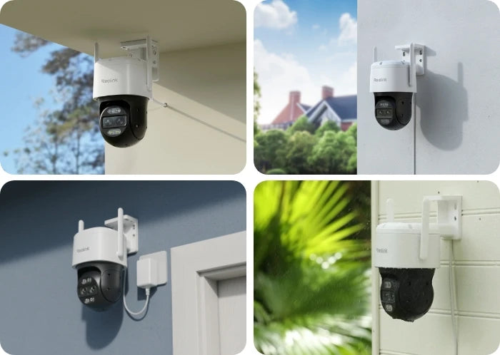 collage of Reolink TrackMix WiFi
4K PTZ Wi-Fi 6 Dual-Lens Security Camera in different places proting the house