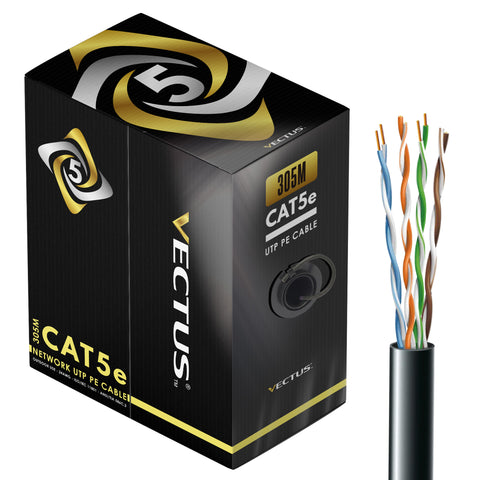 VECTUS CAT5e 305m Cable, UTP, PE, External Grade, BLACK, Solid Copper