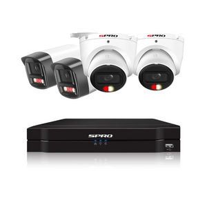 2 white SPRO dome cameras with colour night 2.0, 2 white SPRO bullet cameras with active deterrence LITE, one black SPRO 4 channel NVR