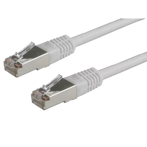 grey Ethernet cable with metal connectors on a white background