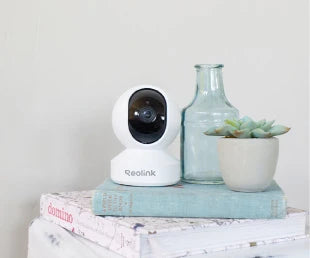 Reolink E1
Pan-Tilt Indoor Camera for Any Budget on books next to cactus and glass bottle decorations