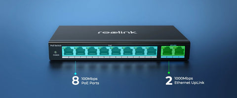 RLA-PS1
10-Port PoE Switch with 120W PoE Power Budget with grpahic displaying 8 POE ports and 2 x Gigabit Ethernet Uplink Ports