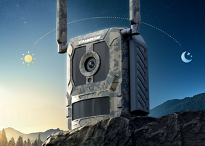 Reolink Talon Pro 4K 4G LTE Game and Trail Camera with Live View & Starlight Night Vision at sunset showing day and night time recording graphic